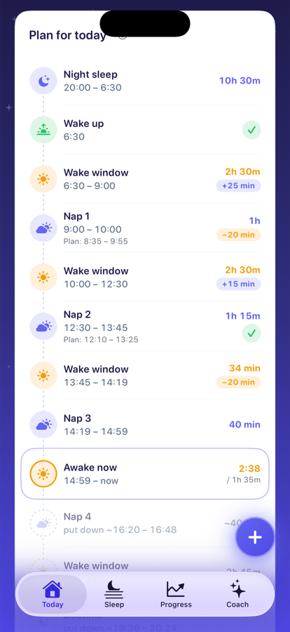 Yorix plan for today timeline with naps, wake windows, and bedtime